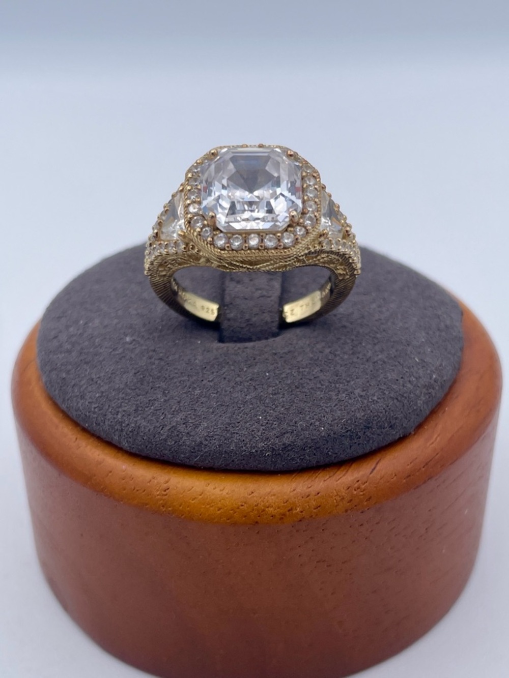 Judith Ripka CZ Halo Ring 14K Gold Clad Sterling Silver 925 Cushion Cut Halo